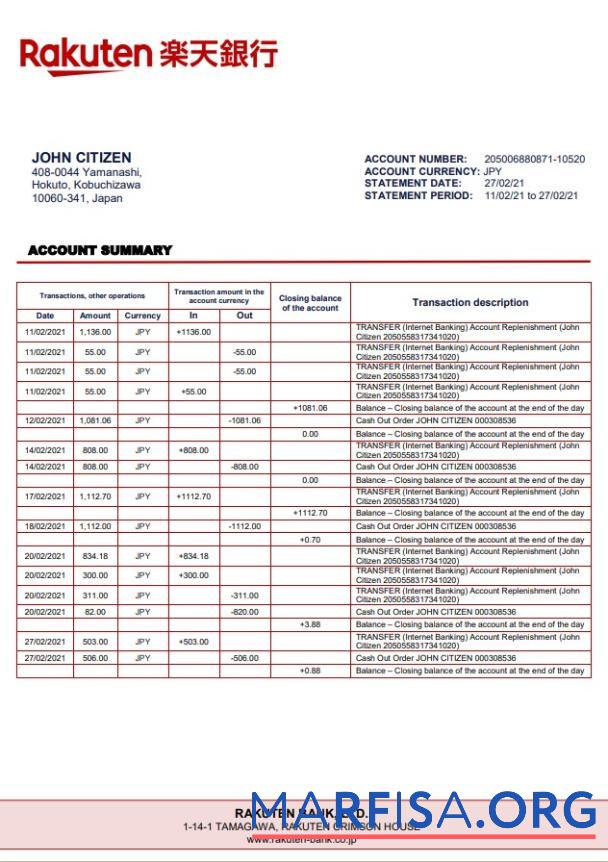 Realistic Japan Rakuten bank statement word template